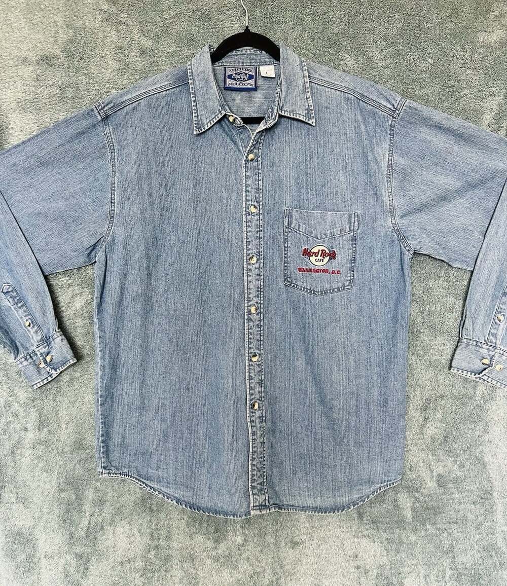 Hard Rock Cafe Washington DC Denim Shirt Large Embroidered Button Up